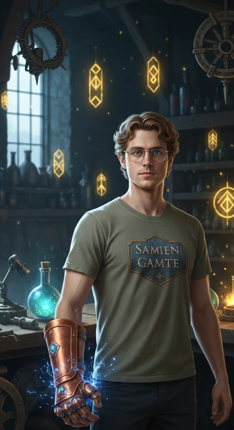 A man in his mid-20s, Caucasian, light brown curly hair, wire-framed glasses, wearing a casual t-shirt with a faded fantasy game logo. He stands in a dim workshop lit by floating runes, surrounded by mechanical parts and glowing potions. A copper gauntlet on his left hand sparks…