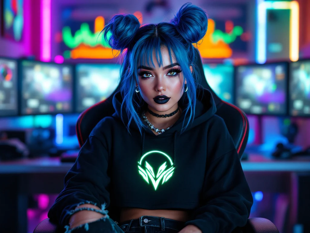 Portrait photo of a woman. Premium photorealistic portrait, subject sharp, natural realistic color, realistic skin texture, no soft-focus filter, no unwanted oversaturation. A 24-year-old mixed-race woman with vibrant blue hair styled in half-up half-down with two space buns, bo…