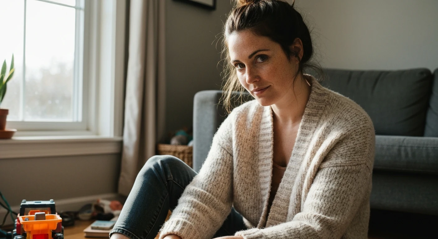 A 32-year-old white woman with messy brown hair tied in a bun, warm brown eyes, fair skin with freckles, wearing a cozy cardigan and jeans, sitting on a cluttered living room floor playing with a toy truck, soft sunlight through the window.