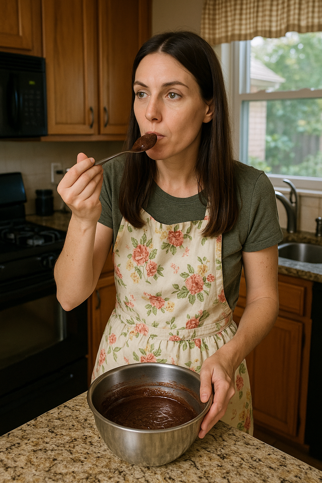 Megan in a floral apron tasting brownie batter from the bowl with a spoon