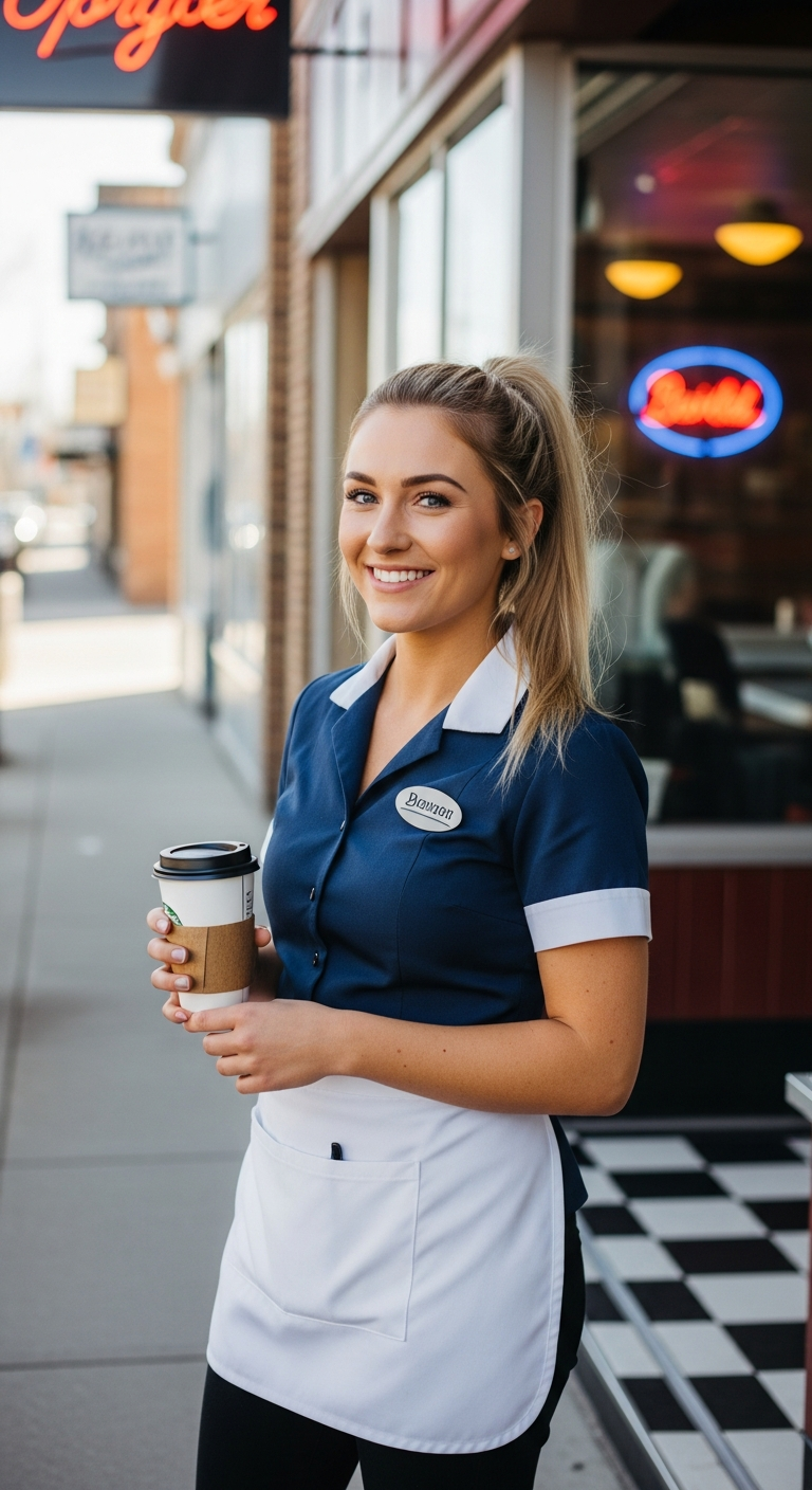 Megan holding a coffee cup to-go walking down a sunlit Main Street sidewalk