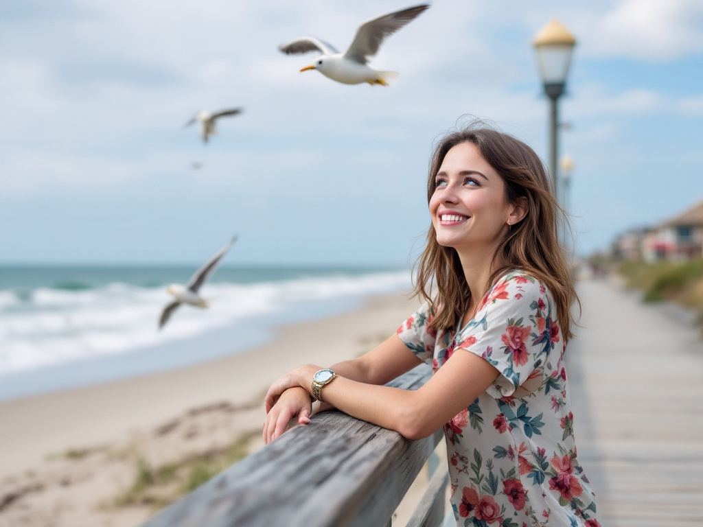Leaning on the wooden railing of a beach boardwalk, smiling while watching seabirds overhead