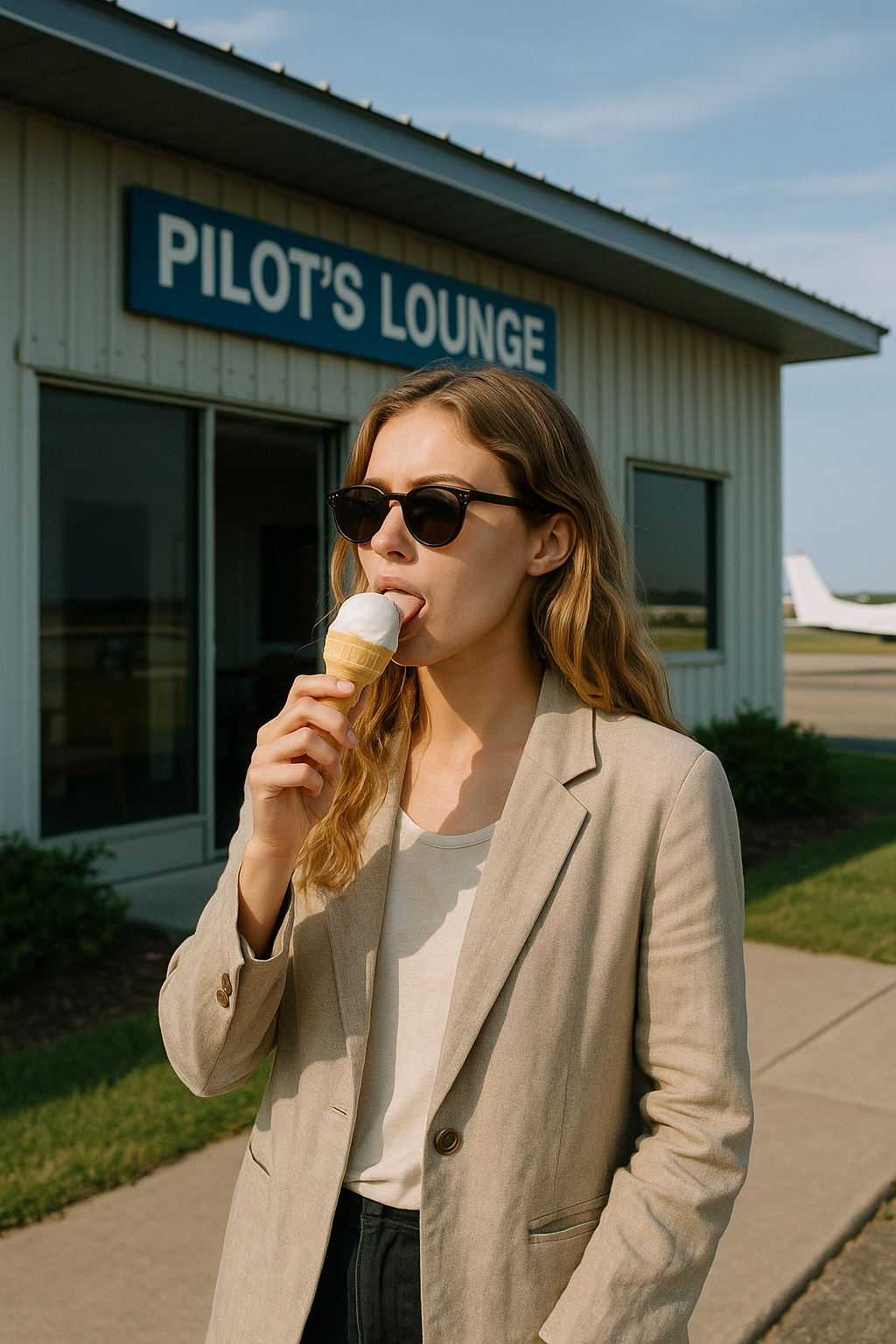Wearing a linen blazer and sunglasses, Freya slowly licks a vanilla cone, scanning the park like she’s evaluating runway gates.