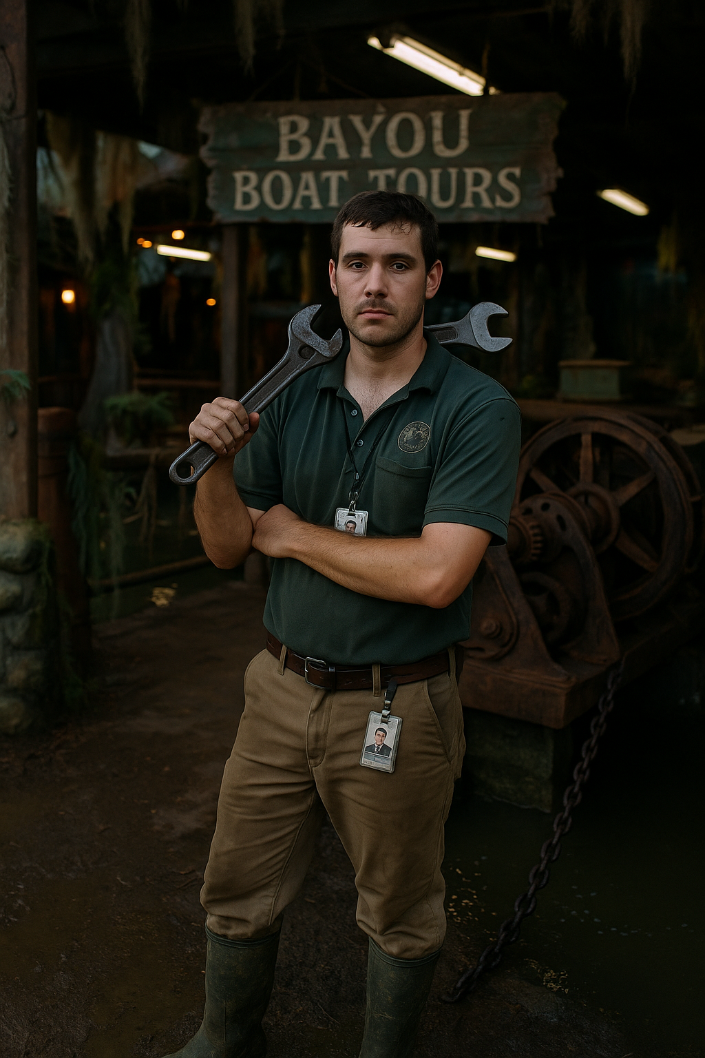 Stood with arms crossed, boots in the muck, watching the Bayou Boat Tour's anchor chain clank into the drink after another rough day’s work.