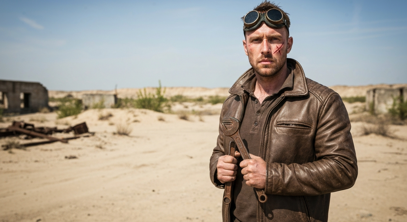 A man, 30s, Caucasian, rugged face with a scar across his cheek, wearing a leather jacket and goggles, standing in a dusty wasteland with ruins in the background, holding a rusty wrench, subject sharp, natural realistic color, no soft-focus filter