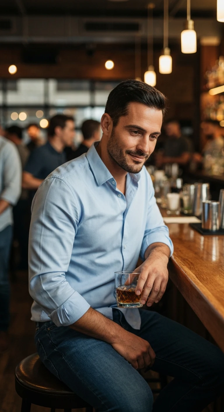 A man in his early 30s, Caucasian, with short dark hair, stubble, brown eyes, lean athletic build, wearing a button-down shirt and jeans, sitting at a bar with a whiskey glass.