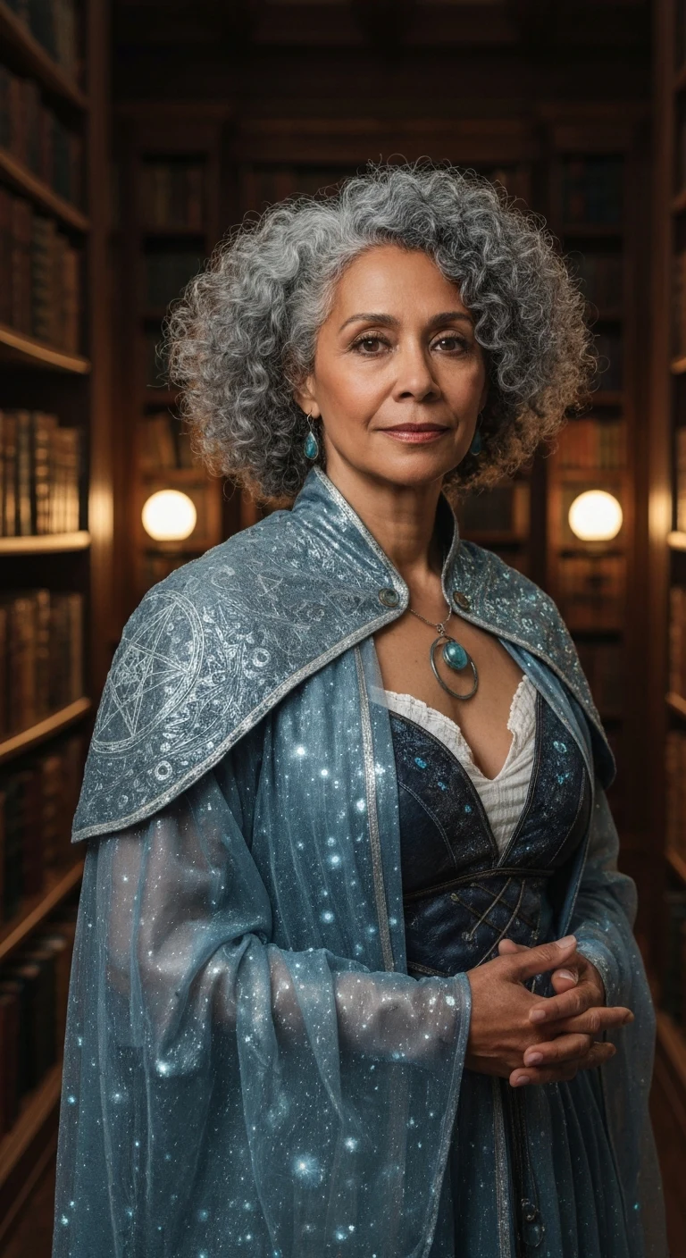 Portrait photo of a woman. Premium photorealistic portrait, subject sharp, natural realistic color, realistic skin texture, no soft-focus filter, no unwanted oversaturation. A middle-aged woman of mixed ethnicity, dressed in elaborate arcane robes with gossamer threads shimmerin…