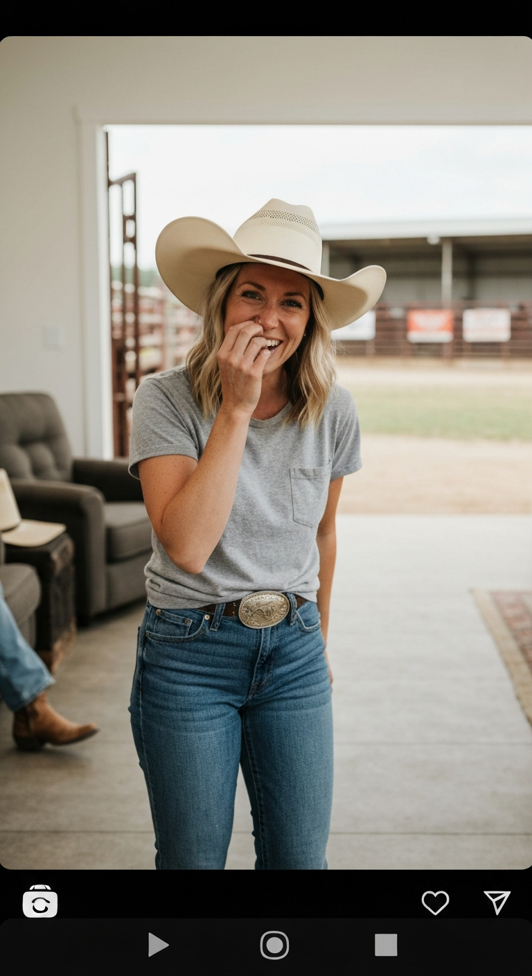 Tipping her cowgirl hat back to scratch her nose, laughing at something off-camera at the rodeo midway in jeans, boots, and a gray tee