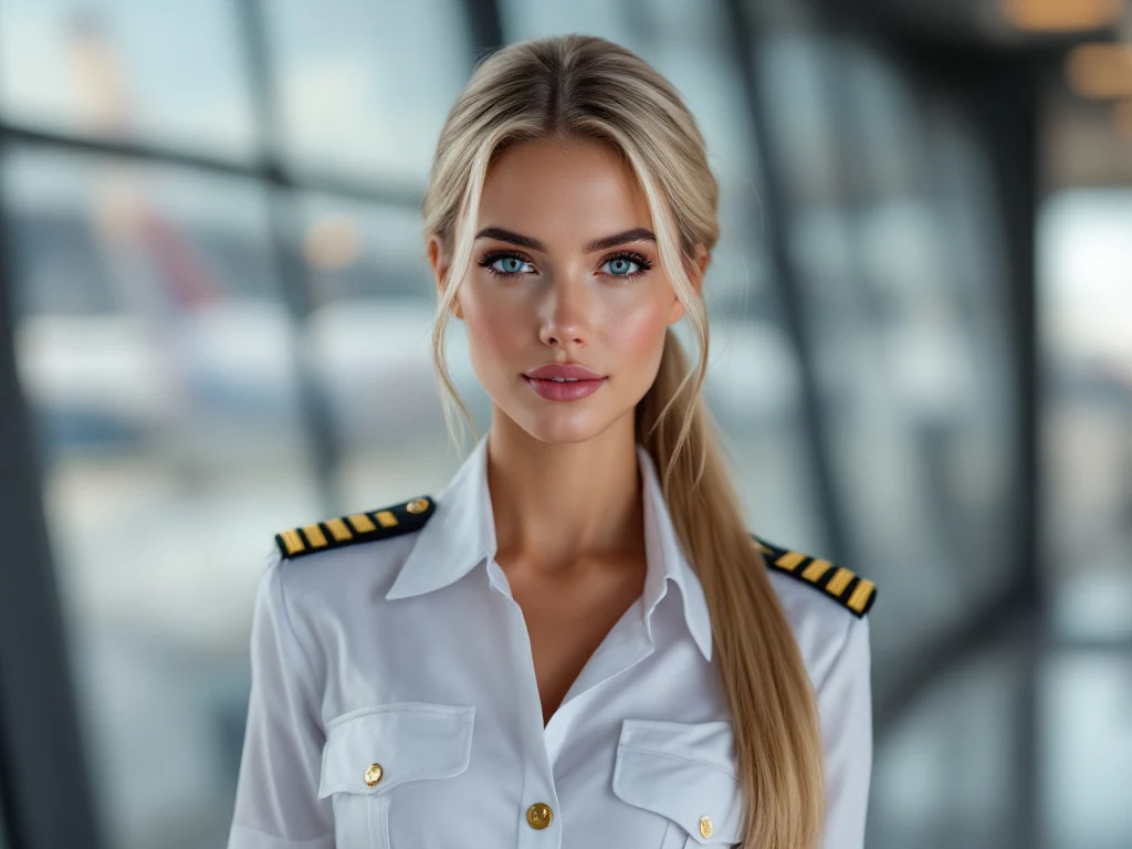 Portrait photo of a woman. Premium photorealistic portrait, subject sharp, natural realistic color, realistic skin texture, no soft-focus filter, no unwanted oversaturation. A 27-year-old Caucasian woman, 6 feet tall, with a supermodel-like appearance. She has long, straight blo…