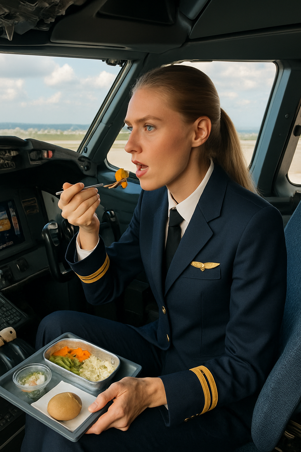 Seated at the cockpit controls, gazing out the window at the clouds while taking a bite of a tray meal.