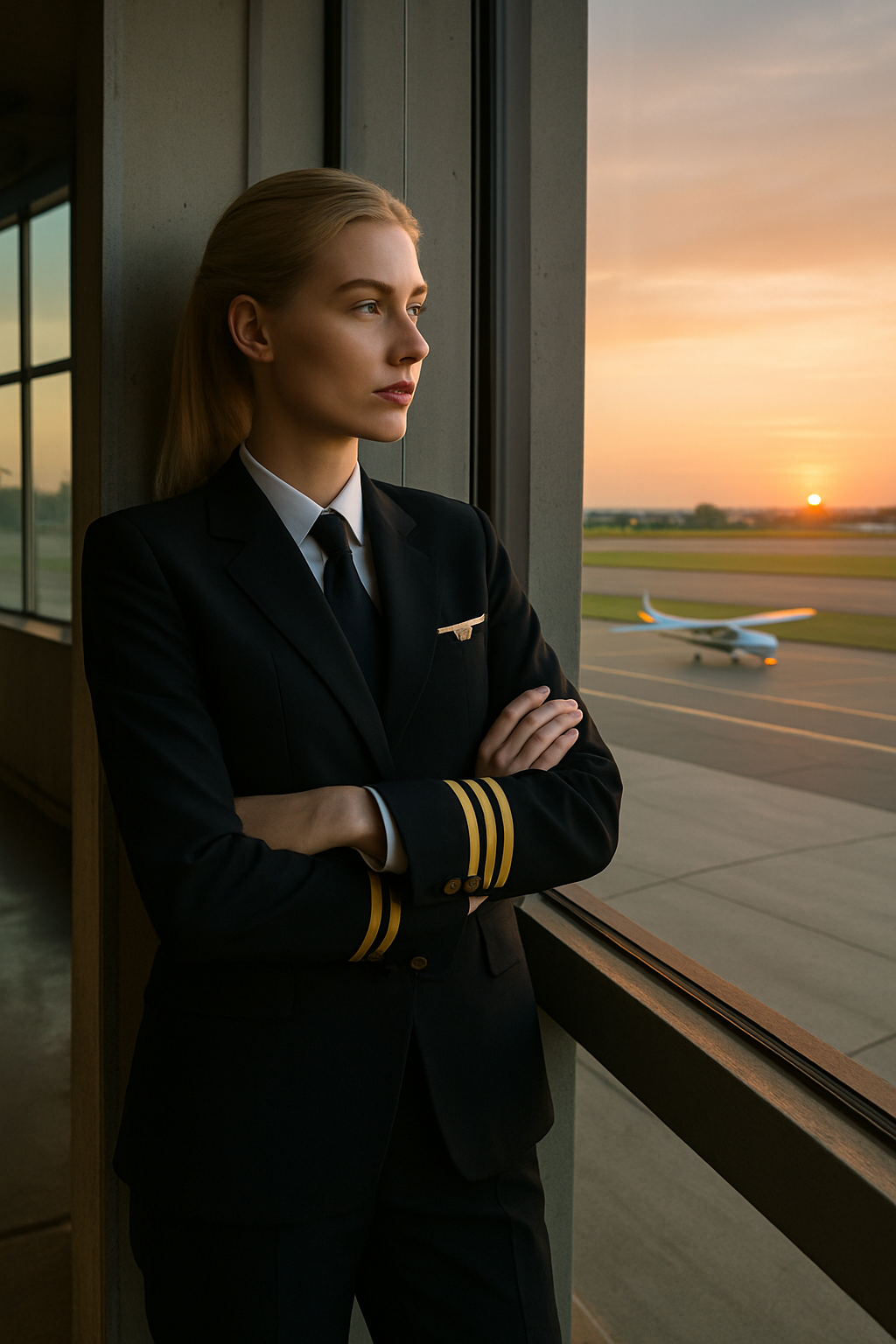 Leaning against a hangar door, arms crossed, watching a small aircraft taxi down the runway at sunrise.