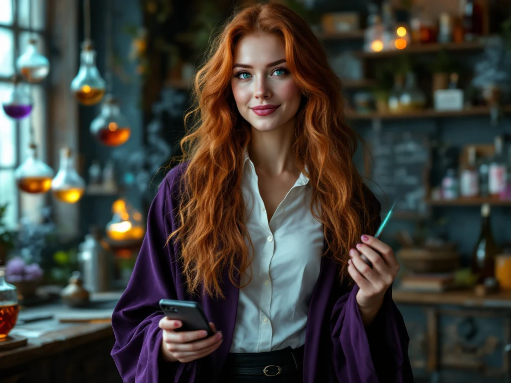 Portrait photo of a woman. Premium photorealistic portrait, subject sharp, natural realistic color, realistic skin texture, no soft-focus filter, no unwanted oversaturation. A woman, 28, Caucasian, with long auburn hair and bright green eyes, wearing a deep purple teacher's robe…