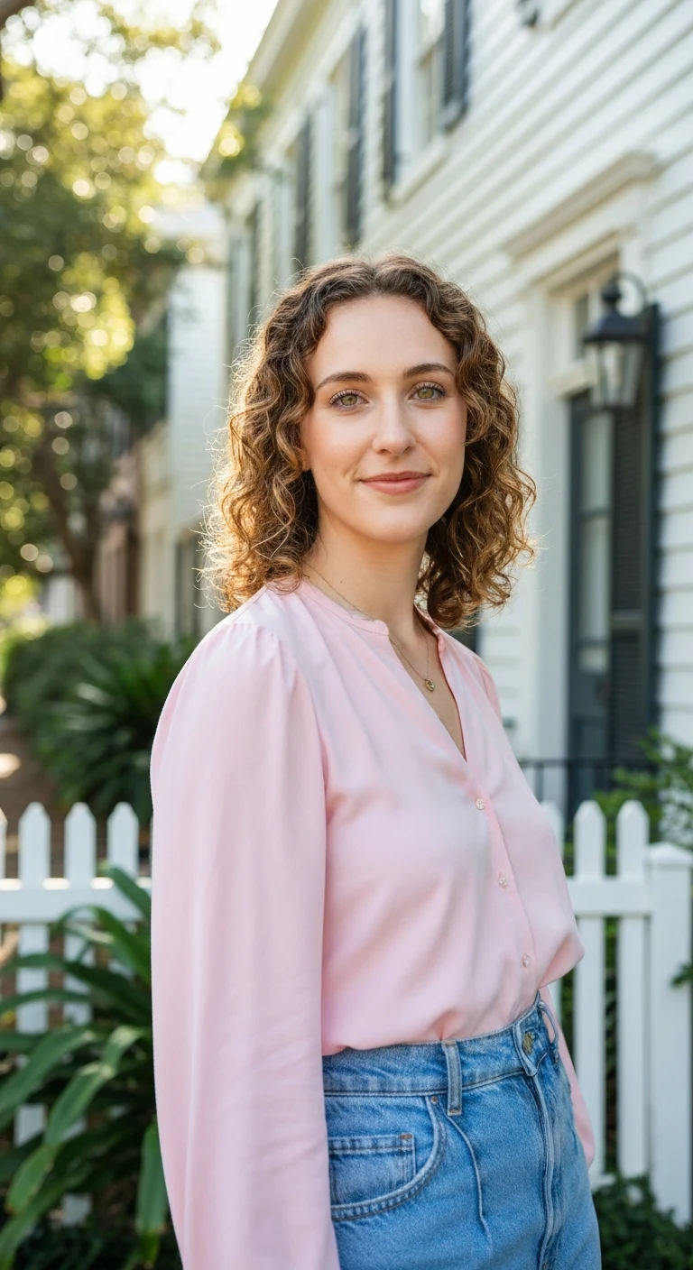 A 24-year-old Caucasian woman with curly light brown hair, hazel eyes, warm skin tone, wearing a pastel blouse and high-waisted jeans, standing next to a historic house in Charleston, South Carolina.