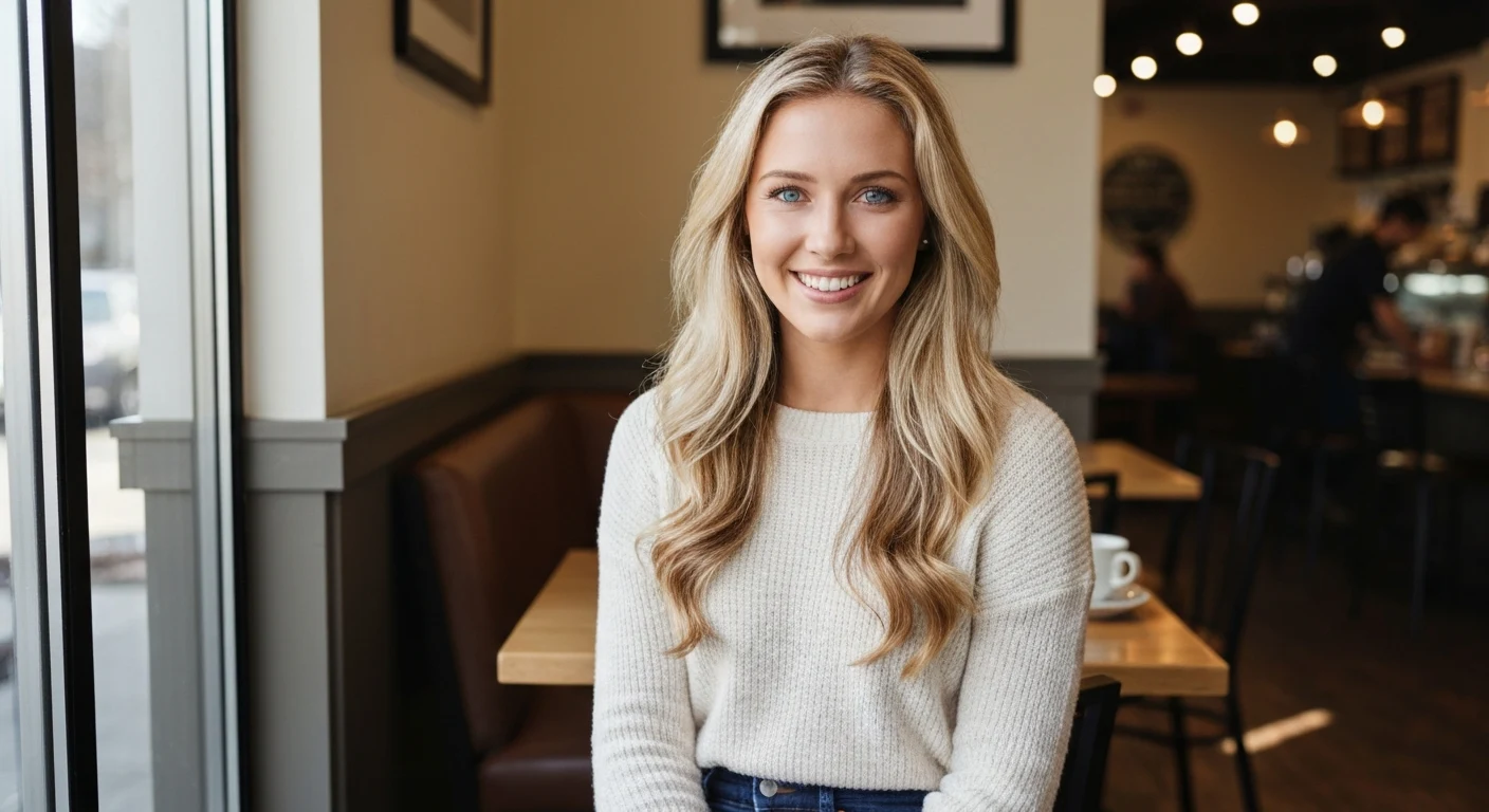 A 23-year-old Caucasian woman with long blonde hair, blue eyes, fair skin, toned but not overly athletic build, wearing a cozy sweater and jeans, smiling warmly in a cozy coffee shop setting, looking approachable and girl-next-door.