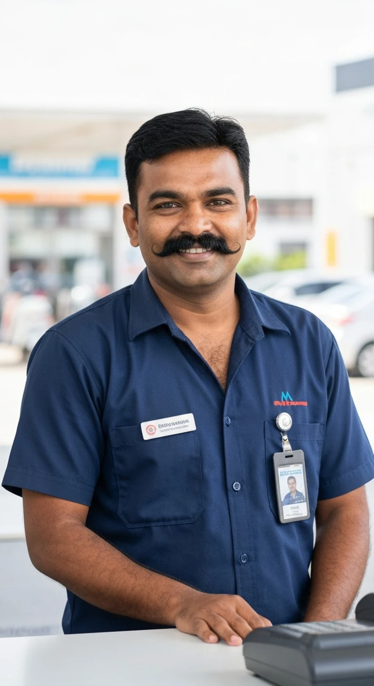 Portrait photo of a man. Premium photorealistic portrait, subject sharp, natural realistic color, realistic skin texture, no soft-focus filter, no unwanted oversaturation. A 33-year-old Indian man with a thick black mustache and short black hair, medium brown skin, round face, w…