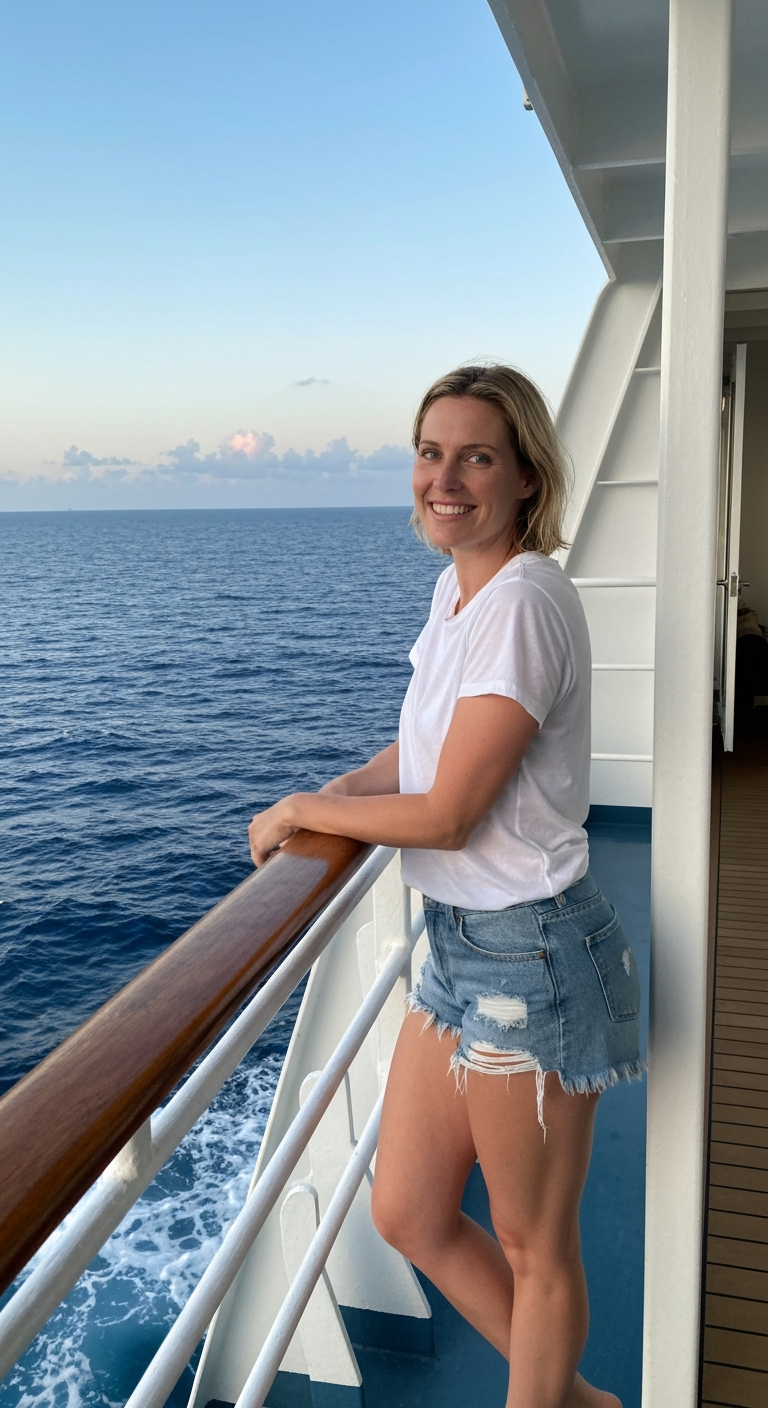 Laura White in a white t-shirt and frayed jean shorts leaning on the ship's railing at dusk, quietly watching the ocean waves roll by.