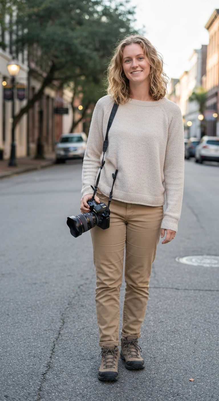 A 25-year-old Caucasian woman with shoulder-length wavy blonde hair, light blue eyes, lightly tanned skin, wearing hiking boots and a casual outfit while holding a camera in Savannah, Georgia.