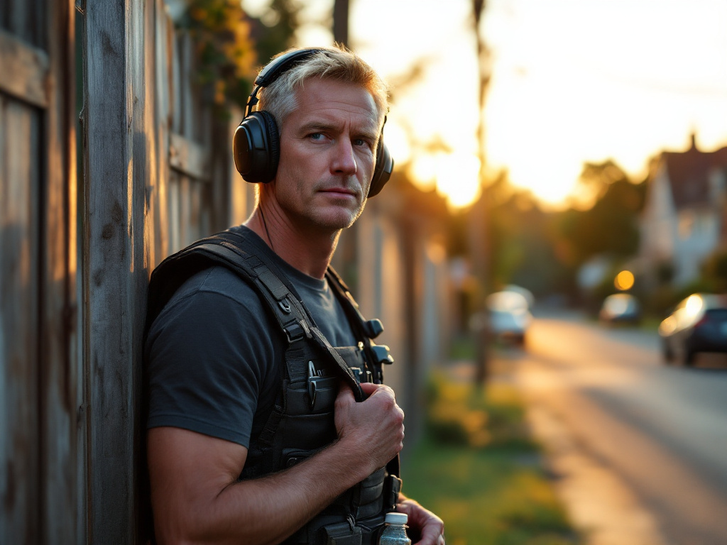 Dick adjusting the strap on his left shoulder while leaning against a sunlit fence on a quiet residential street at dusk