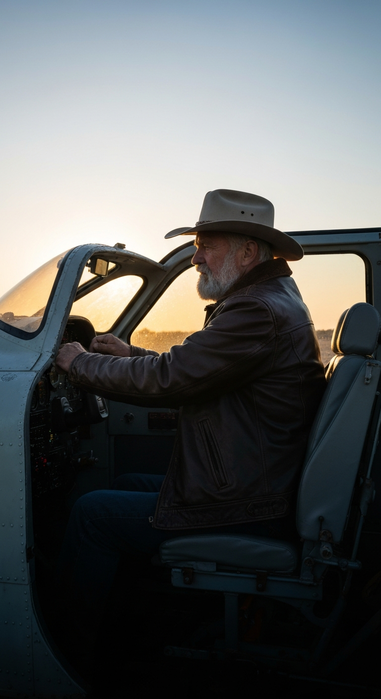 Silhouetted against sunrise, adjusting the throttle in beat-up turboprop cockpit, in leather jacket and cowboy hat