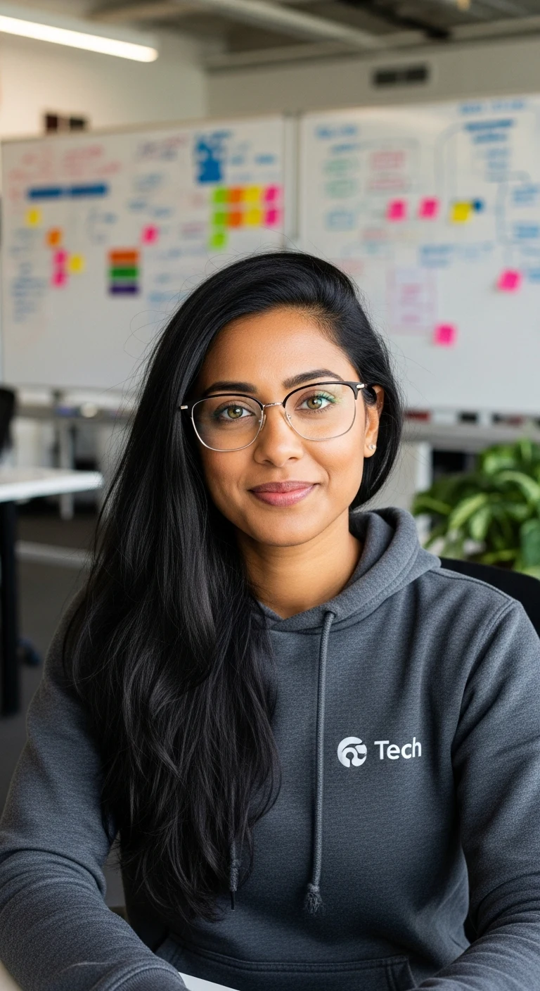 A woman 27 years old Mixed/Multiracial with long black hair, dusky skin, bright hazel eyes, wearing a tech-company hoodie and glasses, in a modern tech office with whiteboards.