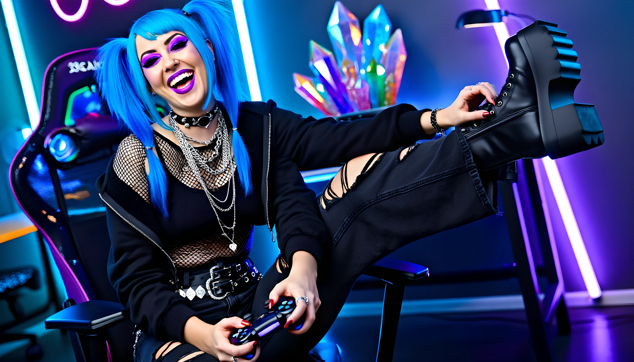 Portrait photo of a woman. Premium photorealistic portrait, subject sharp, natural realistic color, realistic skin texture, no soft-focus filter, no unwanted oversaturation. A woman in her mid-20s with vibrant blue hair in pigtails, bold purple eyeshadow, black gothic choker, la…