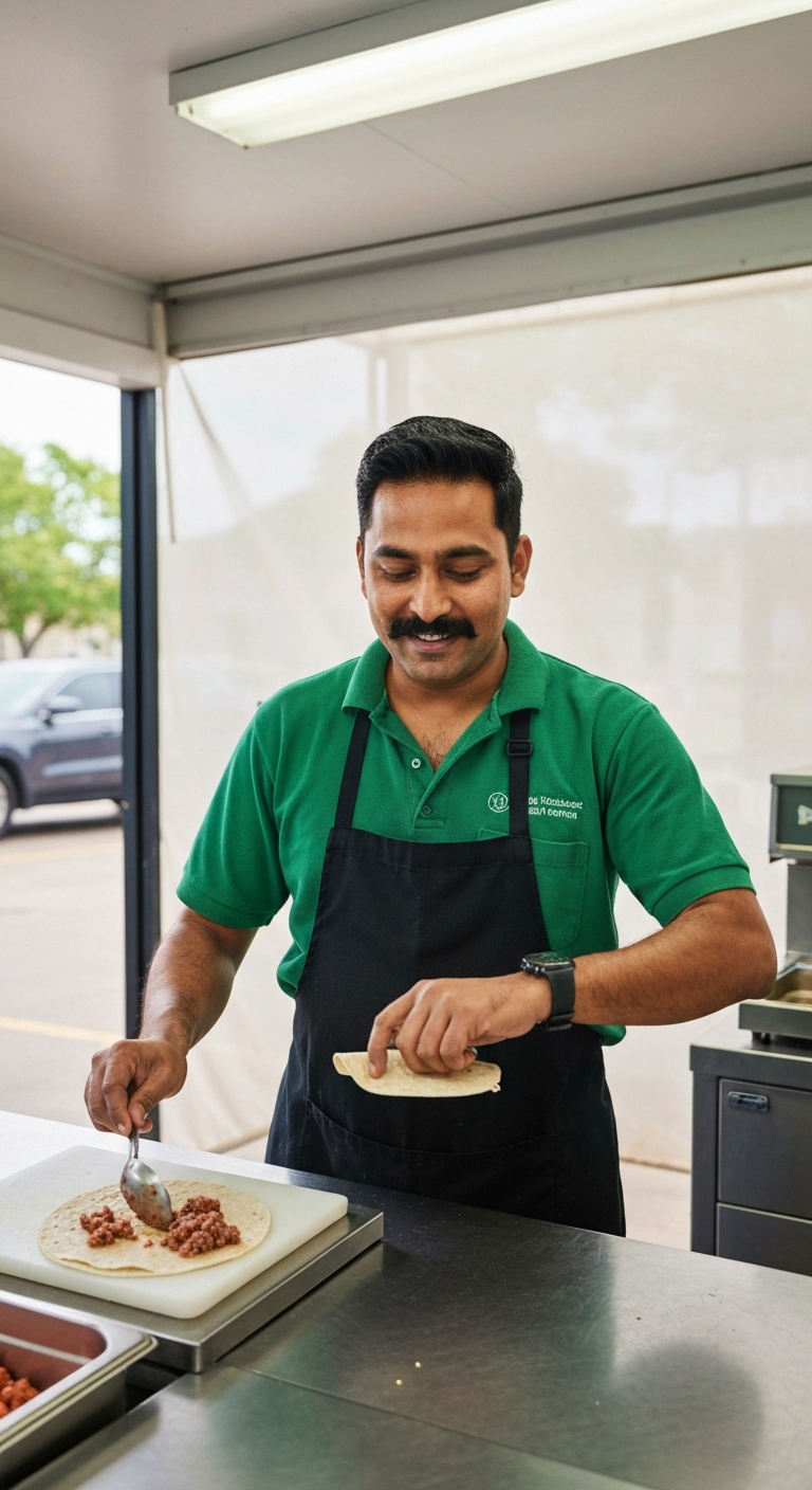Deepak Sharma in a green polo and apron, spooning ground meat into a tortilla at the gas station prep counter, humming while checking his watch