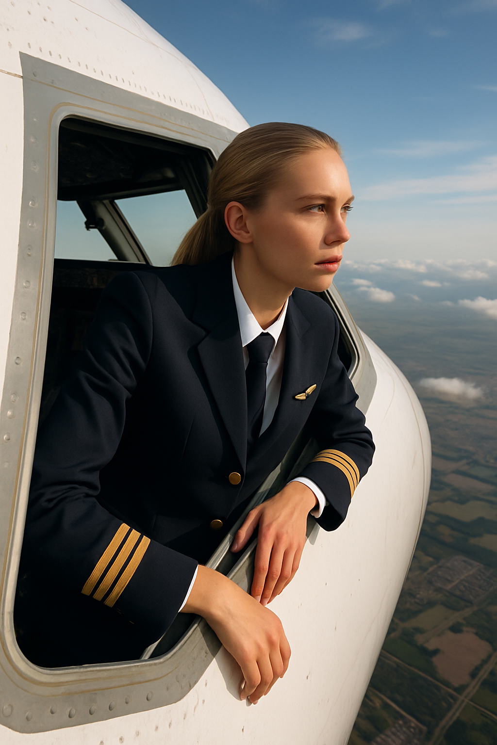 Freja leaning out a cockpit window during flight, gazing at the horizon with a focused expression.