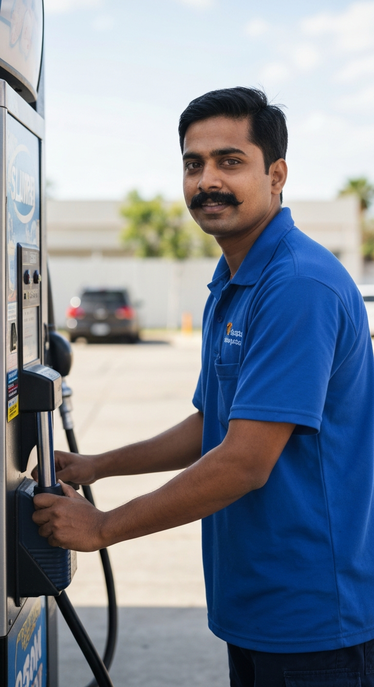 Standing behind the Slurpee machine, wearing a gas station polo, turning the lever with both hands while humming a Bollywood tune.