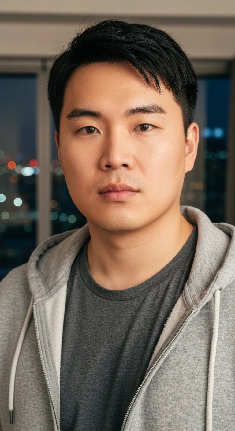 Portrait photo of a man. Premium photorealistic portrait, subject sharp, natural realistic color, realistic skin texture, no soft-focus filter, no unwanted oversaturation. A 22-year-old East Asian man with a round face, short black hair, tan skin, dark brown eyes, average build,…