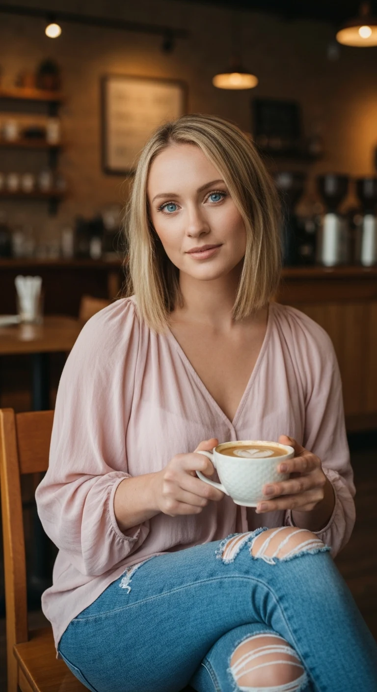 A 25-year-old Caucasian woman with shoulder-length blonde hair, blue eyes, fair skin, wearing distressed jeans and a flowy top, sitting in a cozy coffee shop with a latte.