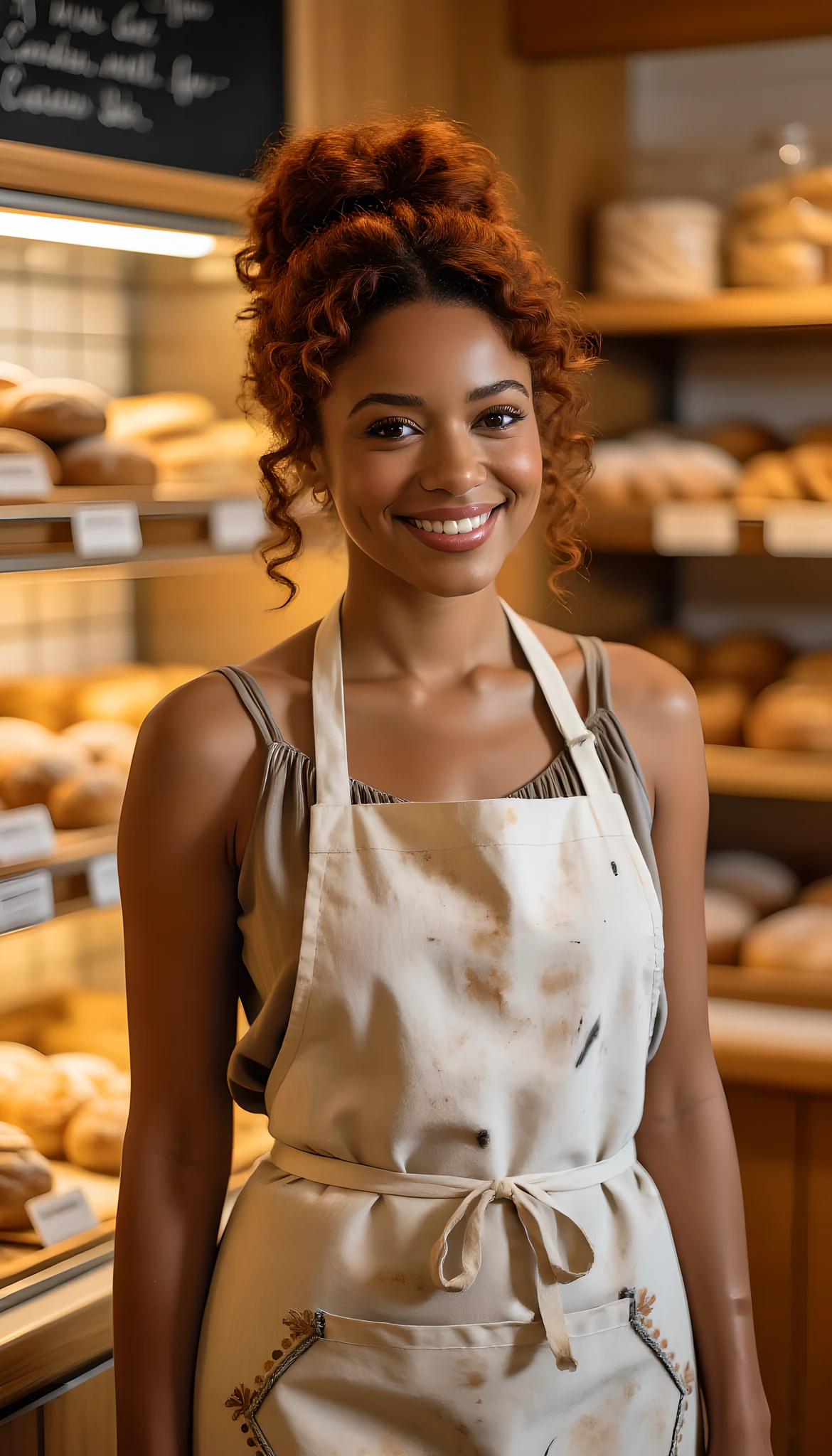 Portrait photo of a woman. Premium photorealistic portrait, subject sharp, natural realistic color, realistic skin texture, no soft-focus filter, no unwanted oversaturation. A woman in her late 20s with warm brown skin and curly auburn hair tied up in a messy bun. She is wearing…