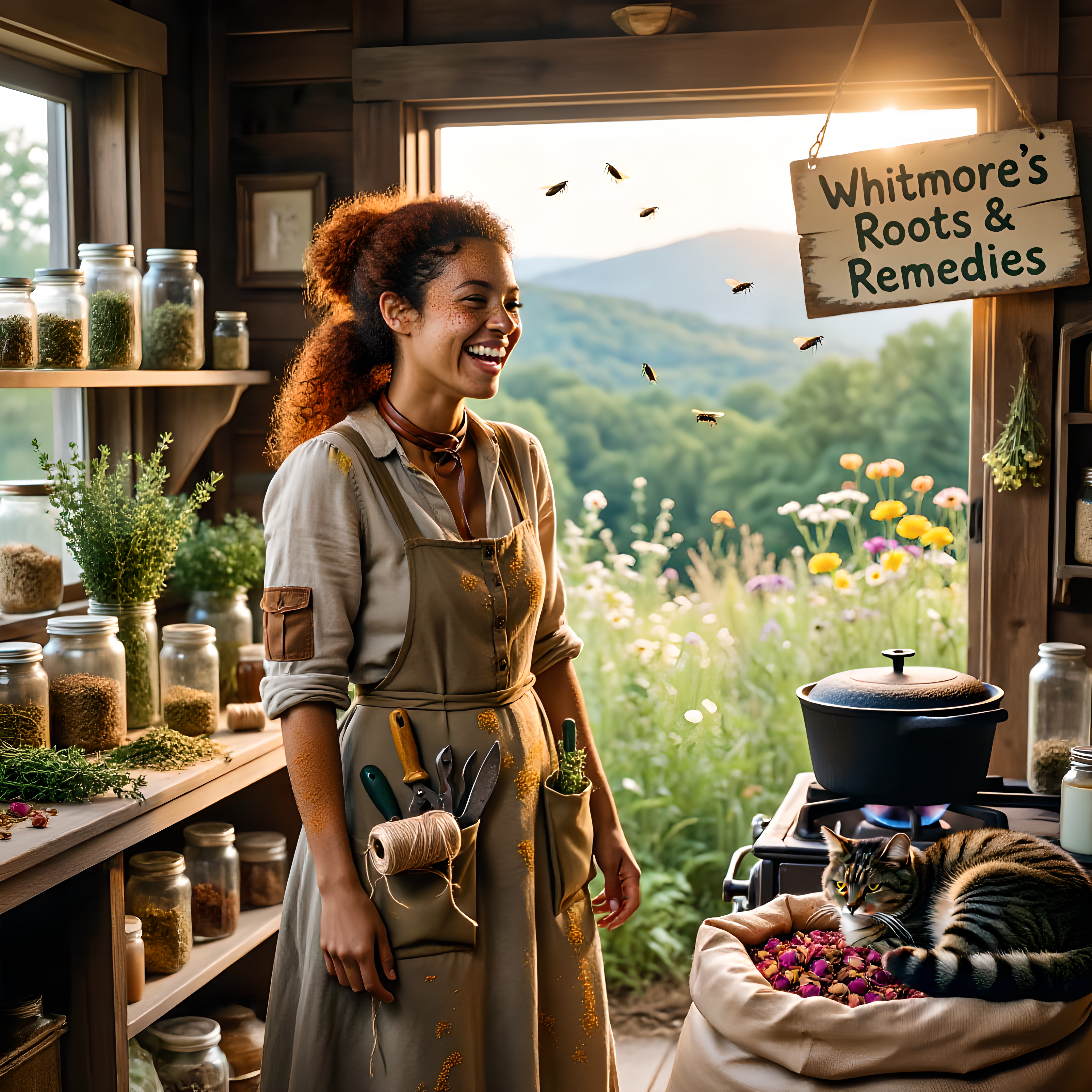 A woman in her late 20s with warm brown skin, freckles like scattered cinnamon, and wild auburn curls tied back with a leather cord. She’s laughing, her earth-toned sundress (patches on the elbows, apron stuffed with pruners and twine) dusted with pollen. Around her, the cozy ap…