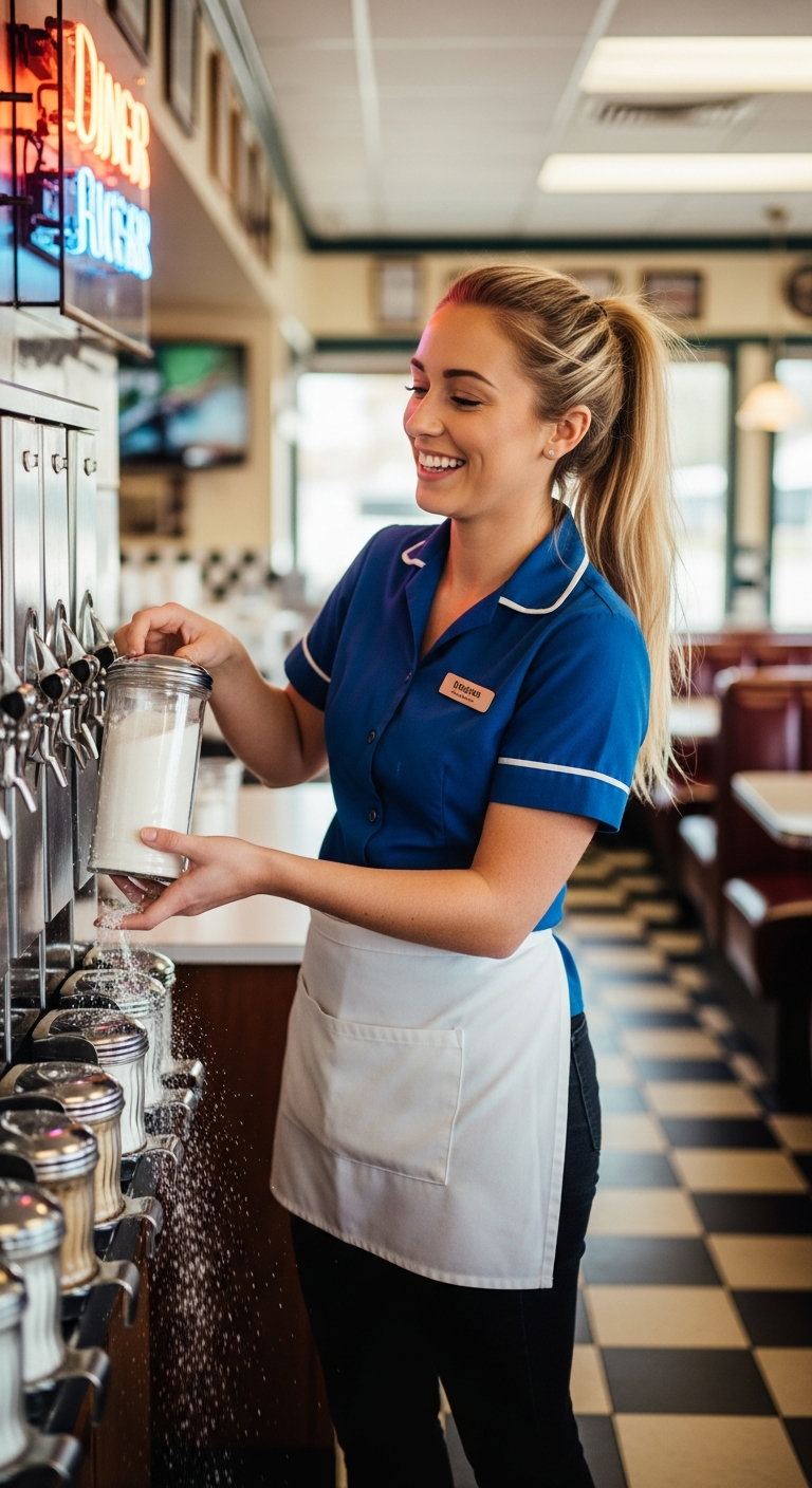 Megan laughing as she spills sugar refilling the diner sugar dispensers