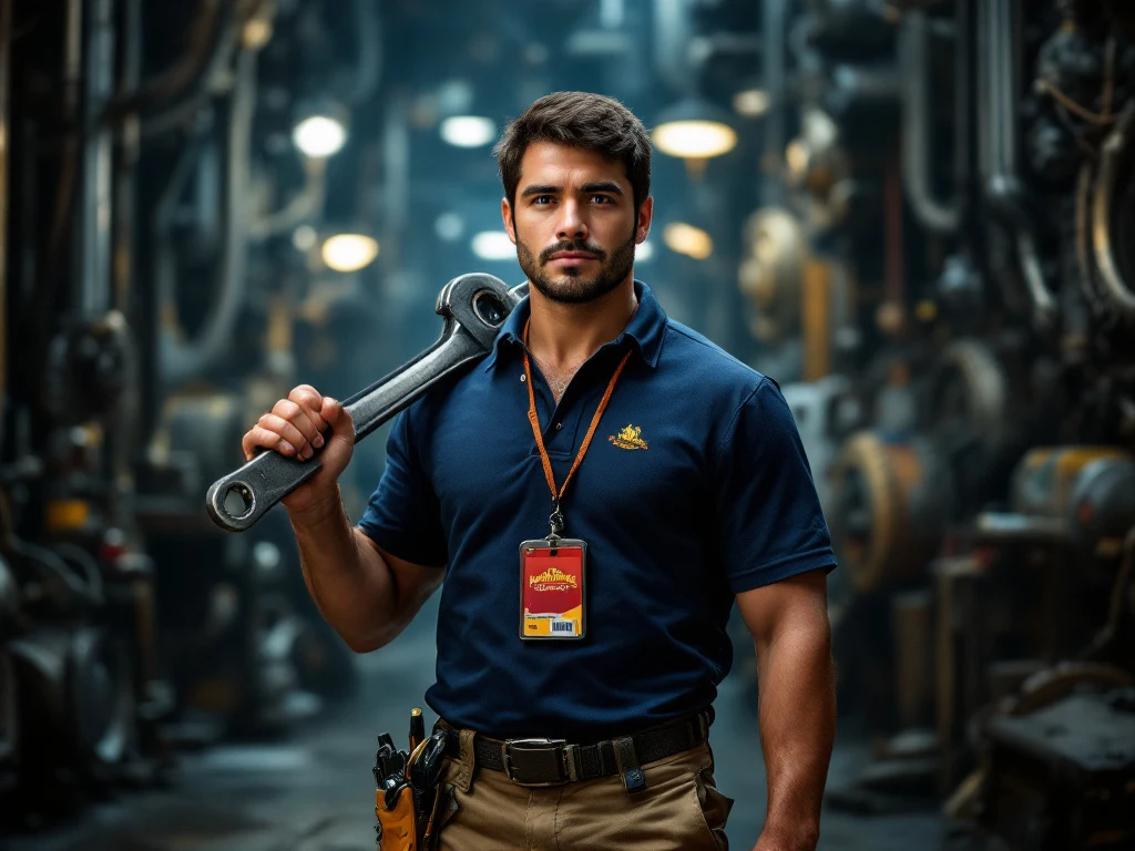 Portrait photo of a man. Premium photorealistic portrait, subject sharp, natural realistic color, realistic skin texture, no soft-focus filter, no unwanted oversaturation. A male, 28-year-old Hispanic man, a theme park ride maintenance technician. He has short, practical dark ha…