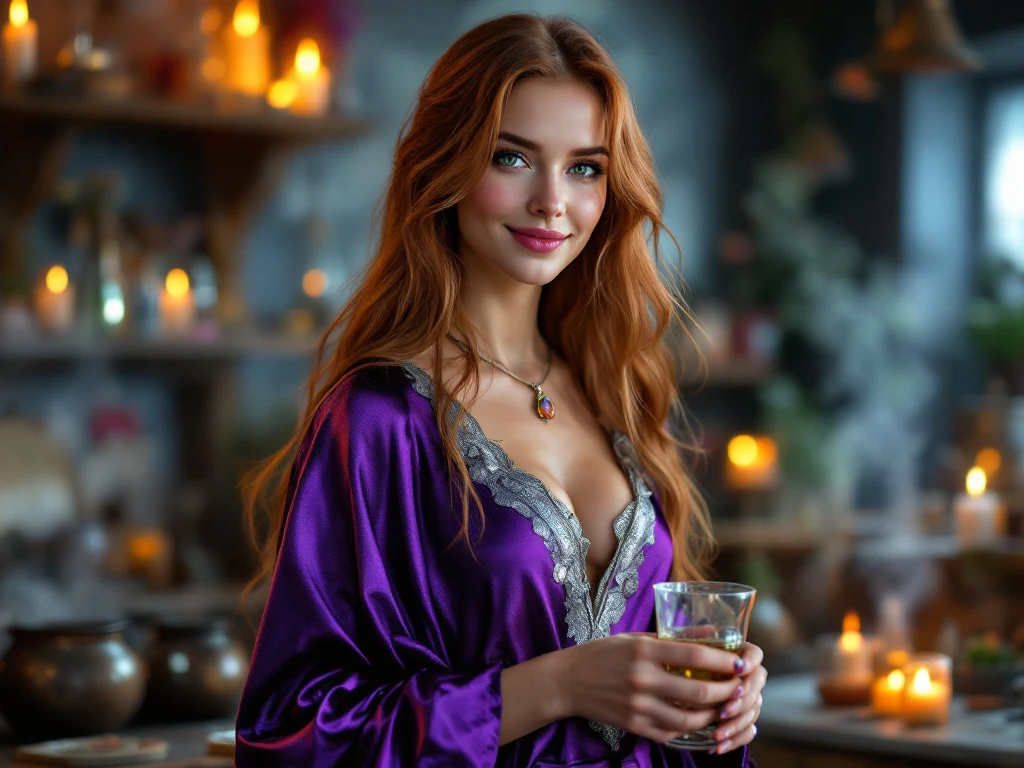 Portrait photo of a woman. Premium photorealistic portrait, subject sharp, natural realistic color, realistic skin texture, no soft-focus filter, no unwanted oversaturation. A woman, 28, Caucasian, thin, with long auburn hair and sparkling green eyes. She wears elegant purple an…