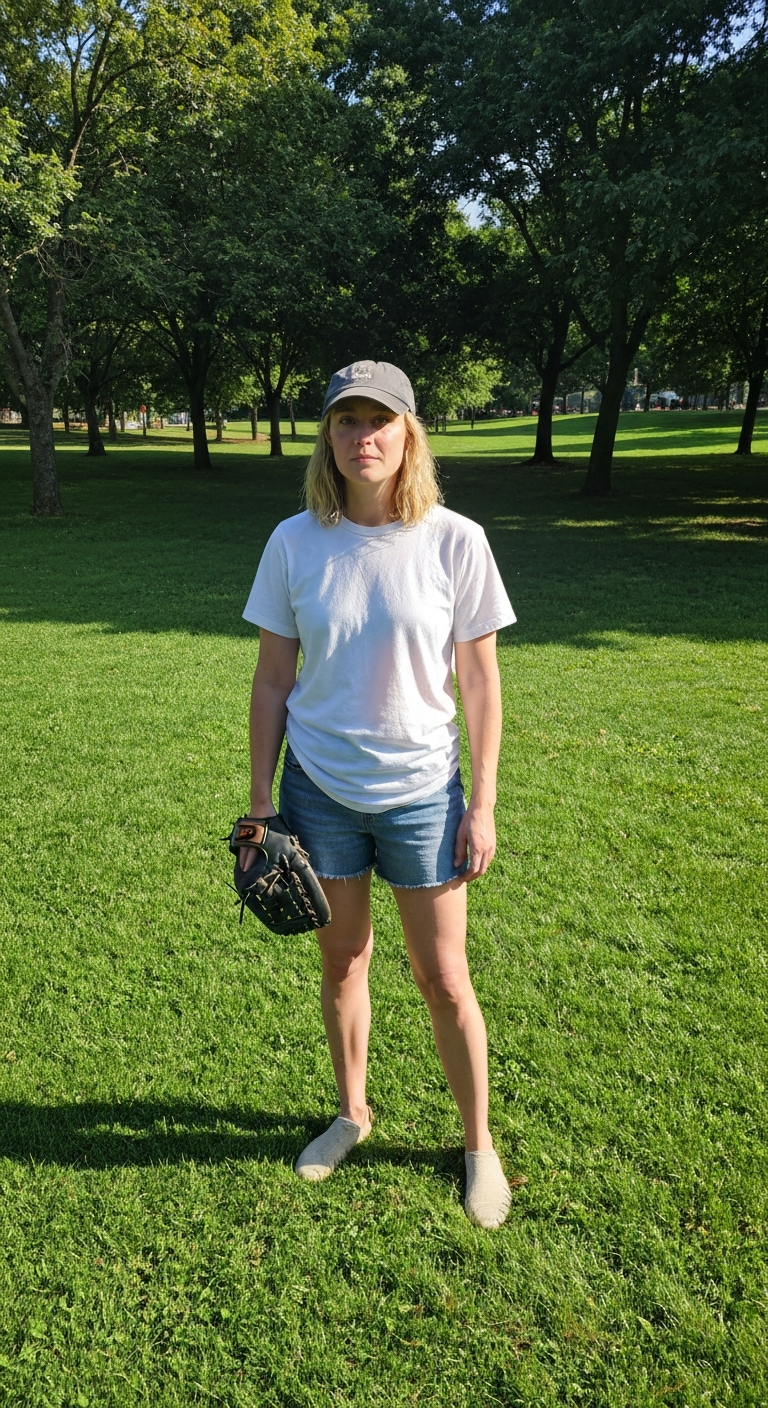 Laura standing in a grassy park field ready to bat, glove on left hand, uniform worn and slightly loose, sunlight filtering through trees, baseball cap adjusted low
