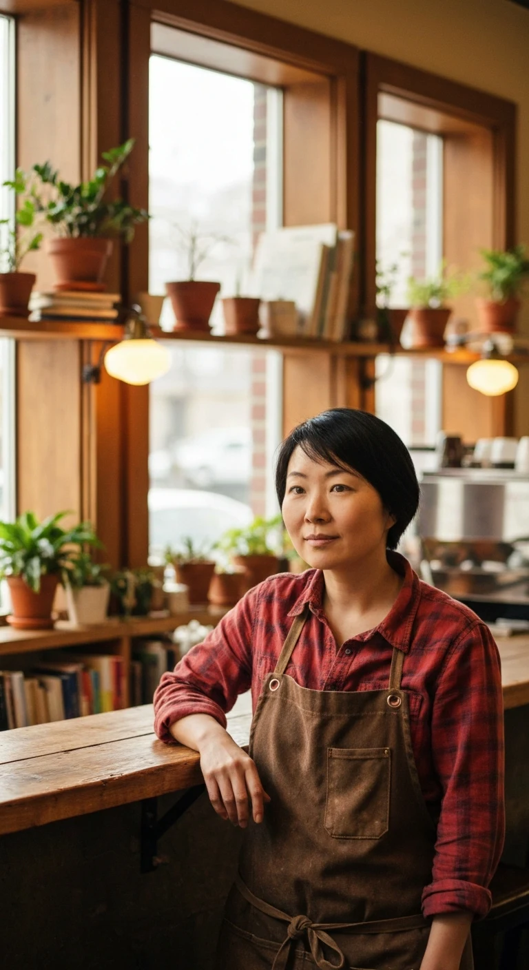 A 35-year-old Chinese-American woman with short black hair, narrow dark eyes, fair skin, wearing a flannel shirt and apron, leaning on a wooden counter in a cozy coffee shop with plants and books.